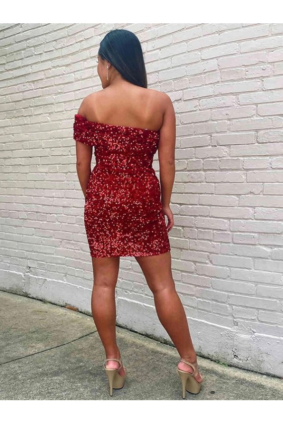 Sleeveless One Shoulder Velvet Sequin Burgundy Short Evening Dress Canada for Sale