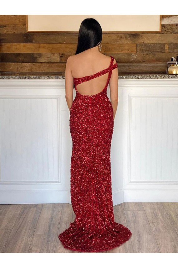 Sleeveless One Shoulder Velvet Sequin Burgundy Sweep Train Evening Dress Canada for Sale