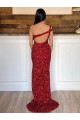 Sleeveless One Shoulder Velvet Sequin Burgundy Sweep Train Evening Dress Canada for Sale