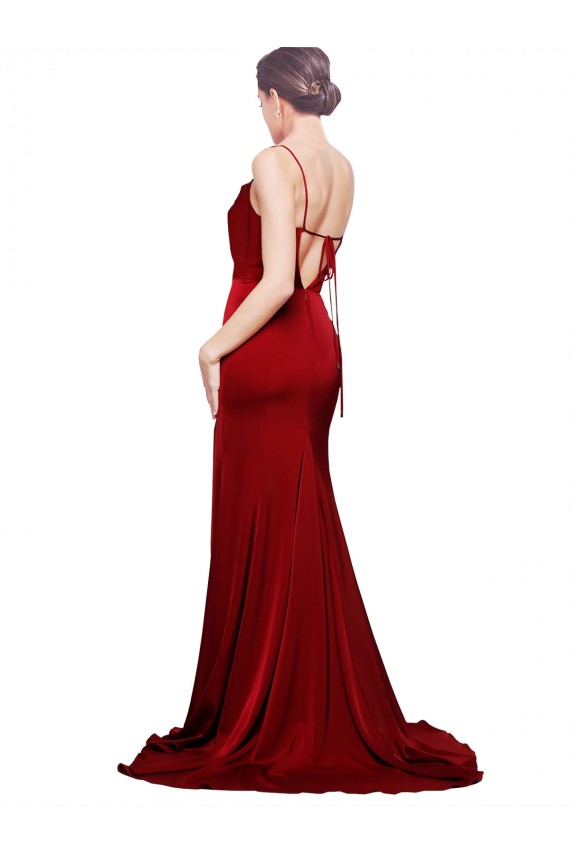 Sleeveless Cowl Neck Stretch Satin Burgundy Sweep Train Black Tie Evening Dress Canada for Sale