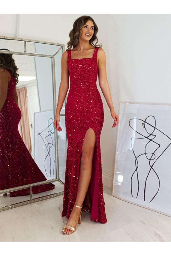 Sleeveless Square Neck Velvet Sequin Burgundy Long Evening Dress Canada for Sale