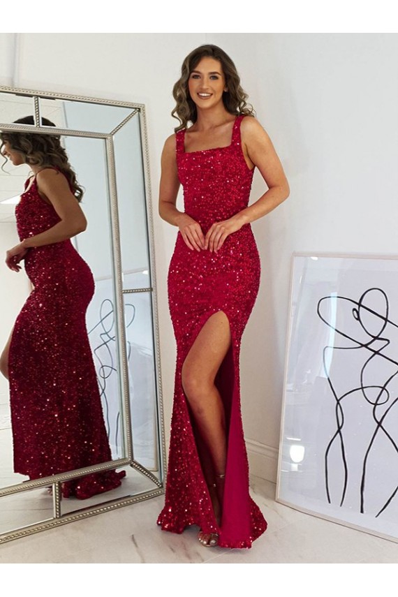 Sleeveless Square Neck Velvet Sequin Burgundy Long Evening Dress Canada for Sale