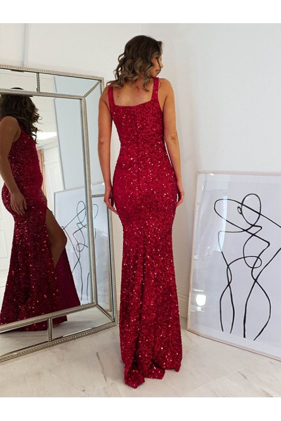 Sleeveless Square Neck Velvet Sequin Burgundy Long Evening Dress Canada for Sale