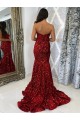 Sleeveless Sweetheart Velvet Sequin Burgundy Court Train Evening Dress Canada for Sale