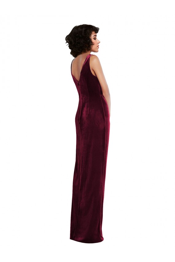 Sleeveless V-Neck Stretch Velvet Burgundy Long Semi Formal Evening Dress Canada for Sale