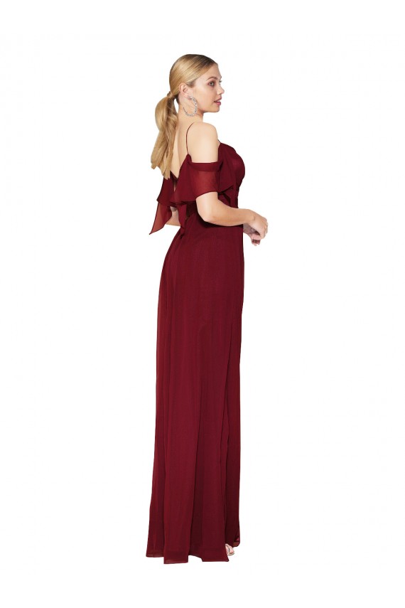 Cold Shoulder High Neck Soft Chiffon Burgundy Long Formal Evening Dress Canada for Sale