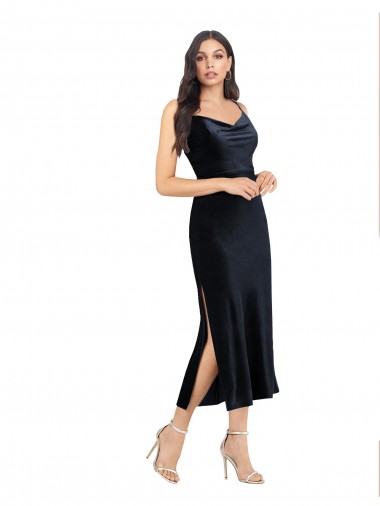Sleeveless Cowl Neck Stretch Velvet Dark Navy Midi Length Formal Evening Dress Canada for Sale