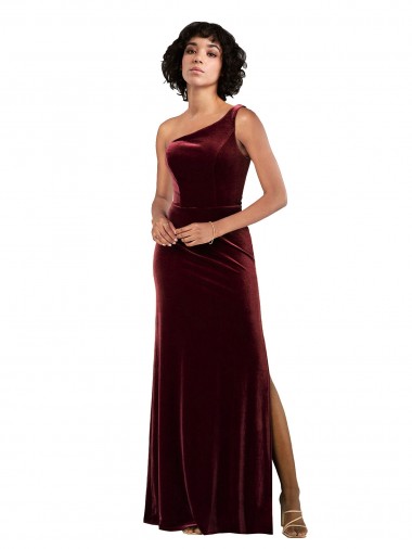 Sleeveless One Shoulder Stretch Velvet Burgundy Long Formal Evening Dress Canada for Sale