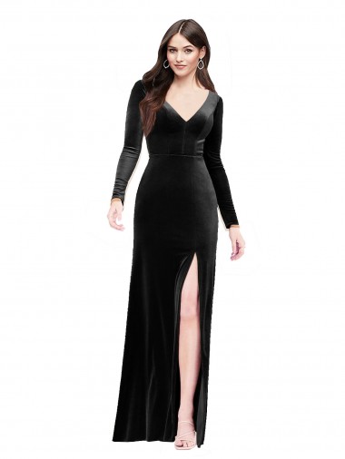 Long Sleeves V-Neck Stretch Velvet Black Long Formal Evening Dress Canada for Sale