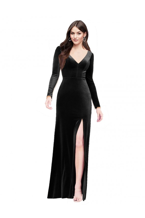 Long Sleeves V-Neck Stretch Velvet Black Long Formal Evening Dress Canada for Sale