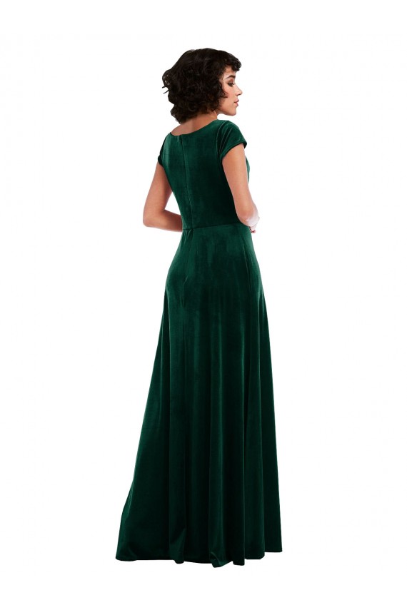 Cap Sleeves Cowl Neck Stretch Velvet Dark Green Long Black Tie Evening Dress Canada for Sale