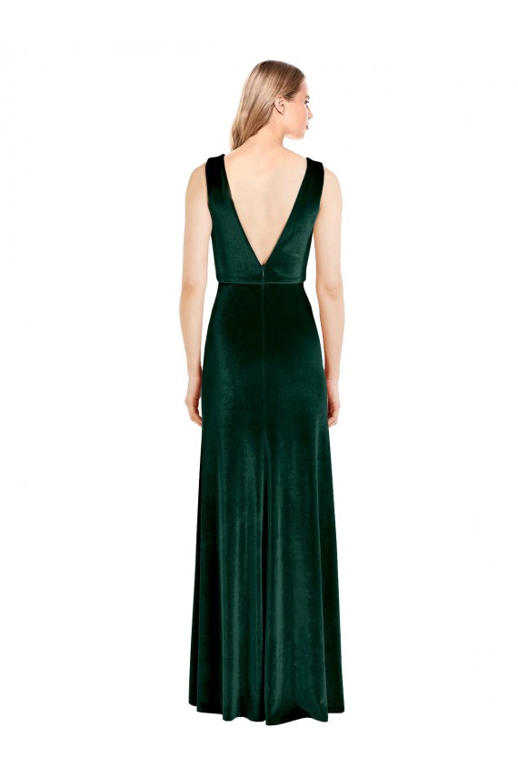 Sleeveless V-Neck Stretch Velvet Dark Green Long Evening Gown Canada for Sale