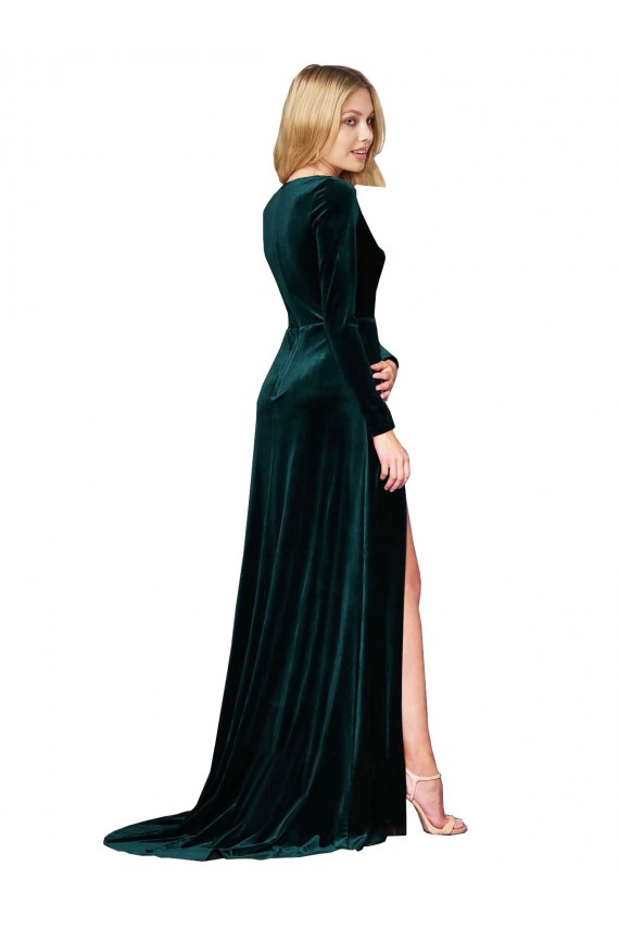 Long Sleeves V-Neck Stretch Velvet Dark Green Sweep Train Black Tie Evening Dress Canada for Sale