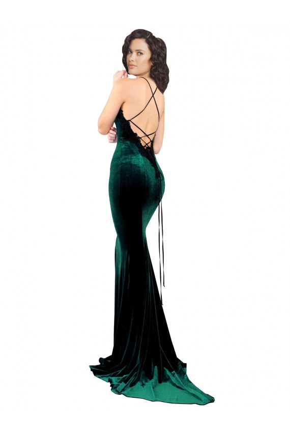 Sleeveless High Neck Stretch Velvet Dark Green Sweep Train Formal Evening Dress Canada for Sale