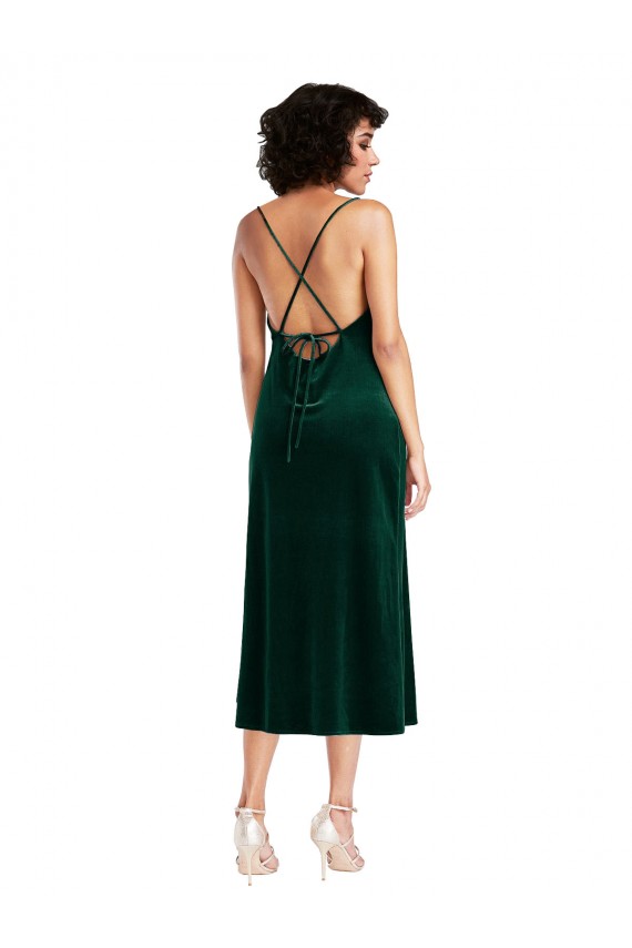 Sleeveless Cowl Neck Stretch Velvet Dark Green Midi Length Black Tie Evening Dress Canada for Sale