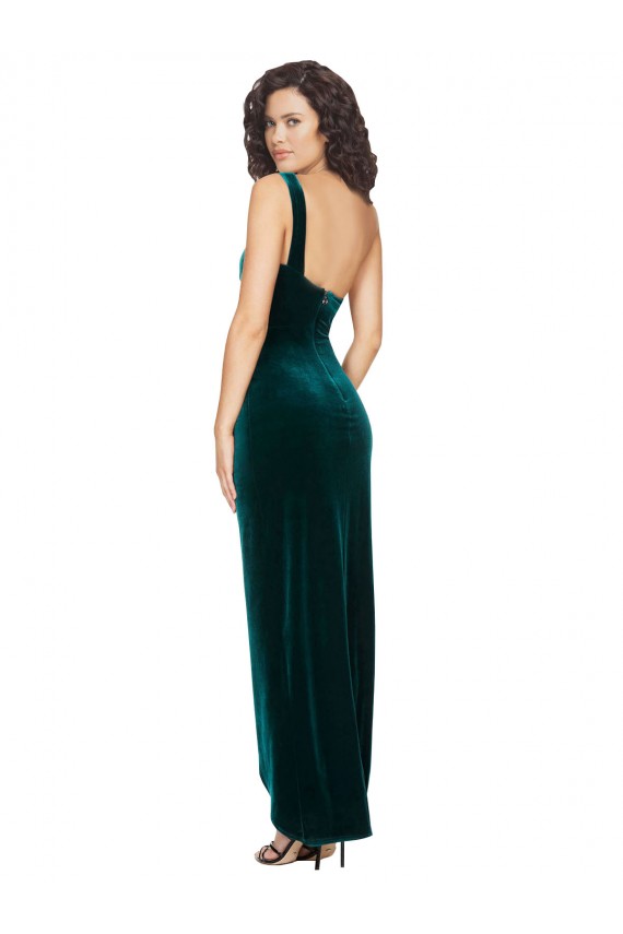 Sleeveless One Shoulder Stretch Velvet Dark Green Long High Low Evening Dress Canada for Sale