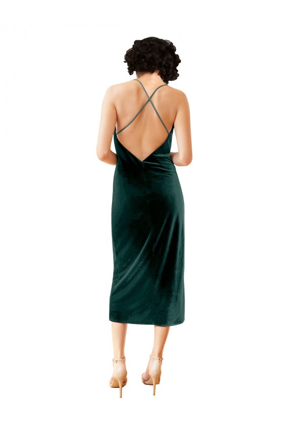 Sleeveless Cowl Neck Stretch Velvet Dark Green Midi Length Formal Dress Canada for Sale