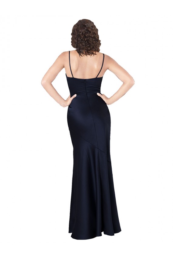 Sleeveless Cowl Neck Silky Satin Dark Navy Long Black Tie Evening Dress Canada for Sale