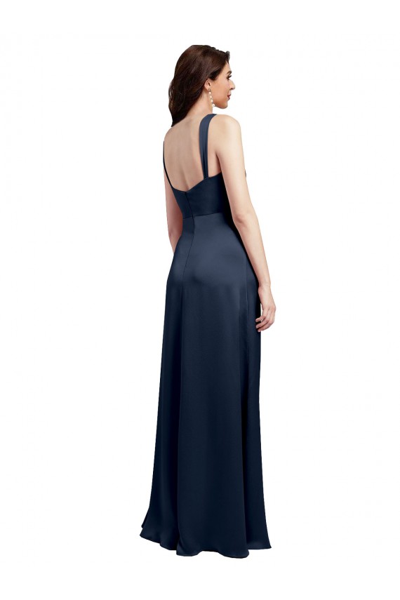 Sleeveless Cowl Neck Stretch Satin Dark Navy Long Formal Evening Dress Canada for Sale