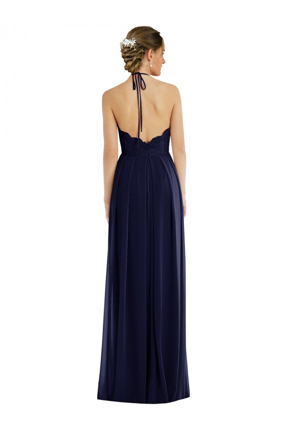 Sleeveless Halter Neck Soft Chiffon Dark Navy Long Semi Formal Evening Dress Canada for Sale