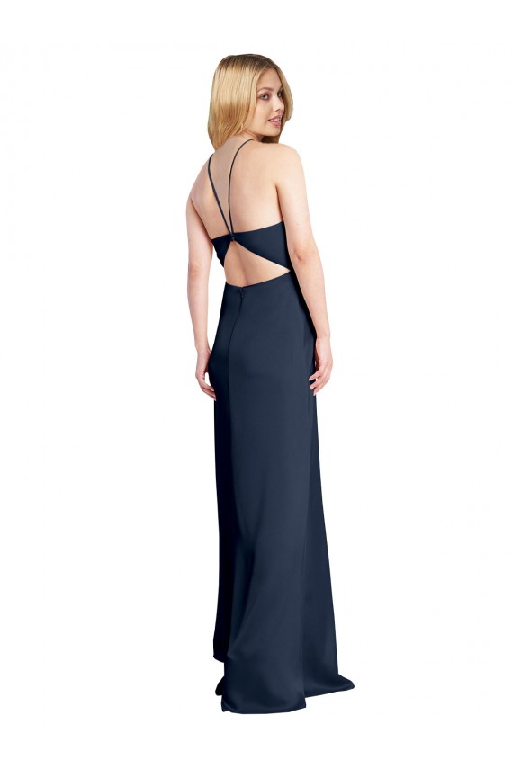 Sleeveless Halter Neck Stretch Satin Dark Navy Long Formal Evening Dress Canada for Sale