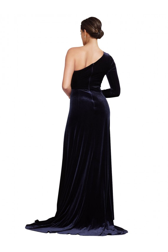 Long Sleeves One Shoulder Stretch Velvet Dark Navy Sweep Train Formal Evening Dress Canada for Sale