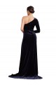 Long Sleeves One Shoulder Stretch Velvet Dark Navy Sweep Train Formal Evening Dress Canada for Sale