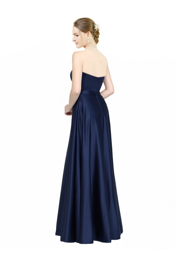 Sleeveless Sweetheart Stretch Satin Dark Navy Long Black Tie Evening Dress Canada for Sale