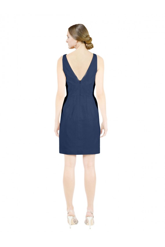 Sleeveless V-Neck Satin Dark Navy Knee Length Evening Dress Canada for Sale