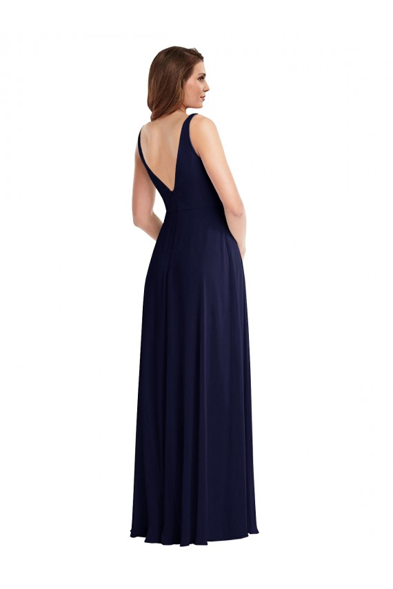 Sleeveless V-Neck Soft Chiffon Dark Navy Long Black Tie Evening Dress Canada for Sale