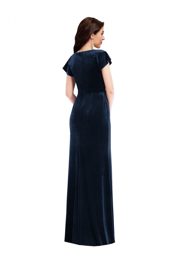 Flutter Sleeves V-Neck Stretch Velvet Dark Navy Long Formal Dress Canada for Sale