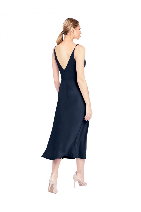 Sleeveless V-Neck Stretch Satin Dark Navy Midi Length Formal Evening Dress Canada for Sale
