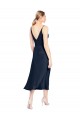 Sleeveless V-Neck Stretch Satin Dark Navy Midi Length Formal Evening Dress Canada for Sale