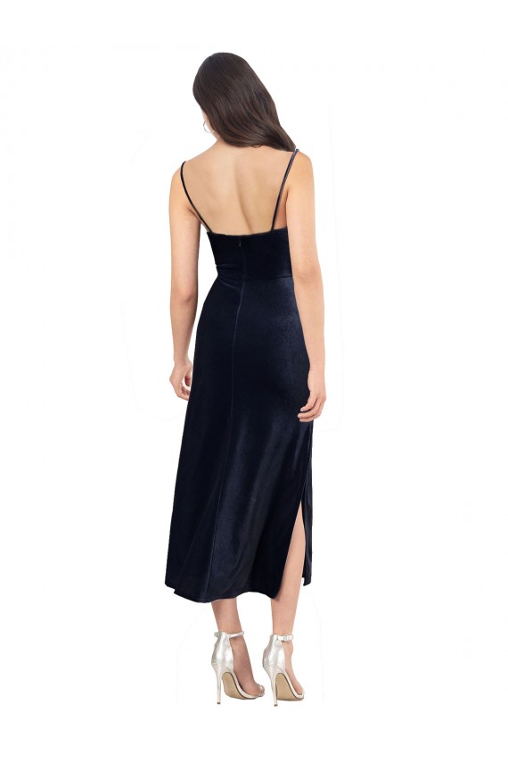 Sleeveless Cowl Neck Stretch Velvet Dark Navy Midi Length Formal Evening Dress Canada for Sale