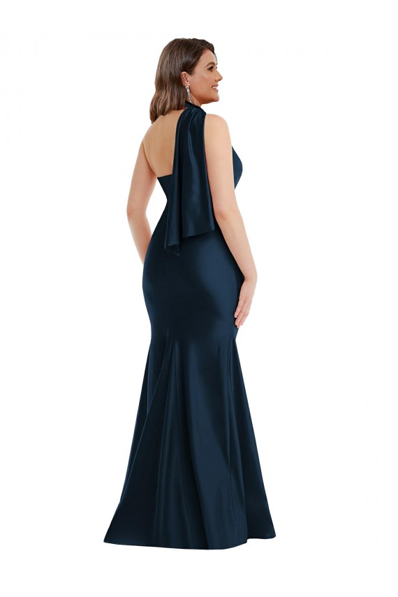 Sleeveless Halter Neck Silky Satin Dark Navy Long Formal Plus Size Evening Dress Canada for Sale