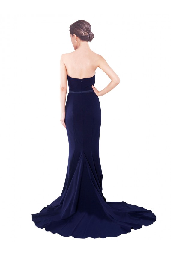 Sleeveless Strapless Stretch Crepe Dark Navy Mermaid Sweep Train Semi Formal Evening Dress Canada for Sale