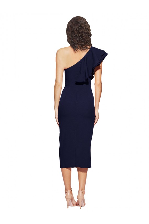 Sleeveless One Shoulder Stretch Crepe Dark Navy Midi Length Formal Evening Dress Canada for Sale