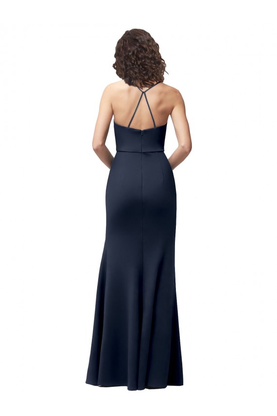 Sleeveless High Neck Stretch Crepe Dark Navy Long Formal Evening Dress Canada for Sale