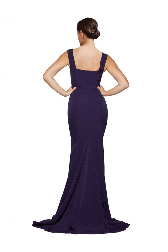 Sleeveless Square Neck Stretch Crepe Dark Navy Sweep Train Semi Formal Evening Dress Canada for Sale