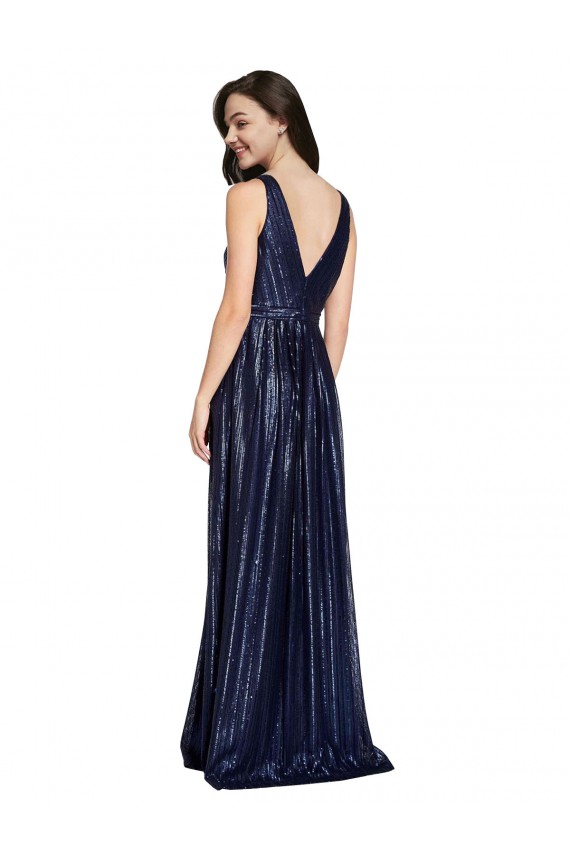 Sleeveless V-Neck Sequin Dark Navy Sheath Long Formal Evening Dress Canada for Sale