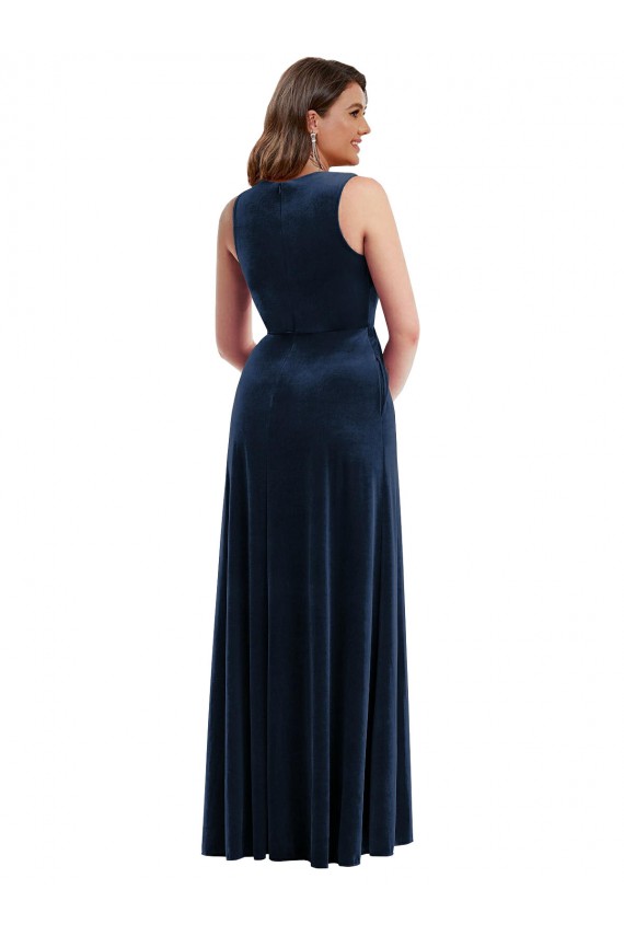 Sleeveless V-Neck Stretch Velvet Dark Navy Long Formal Plus Size Evening Dress Canada for Sale