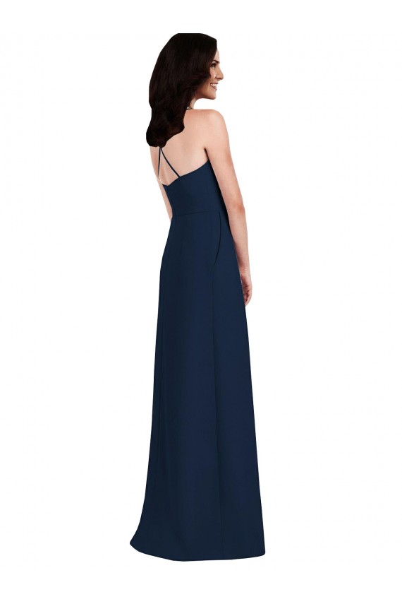 Sleeveless Halter Neck Stretch Crepe Dark Navy Long Semi Formal Evening Dress Canada for Sale