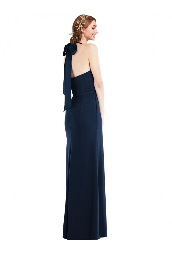 Sleeveless High Neck Stretch Crepe Dark Navy Long Semi Formal Evening Dress Canada for Sale