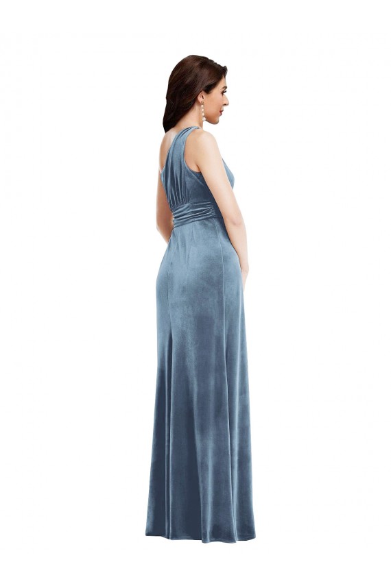 Sleeveless Off the Shoulder Stretch Velvet Dusty Blue Long Evening Dress Canada for Sale