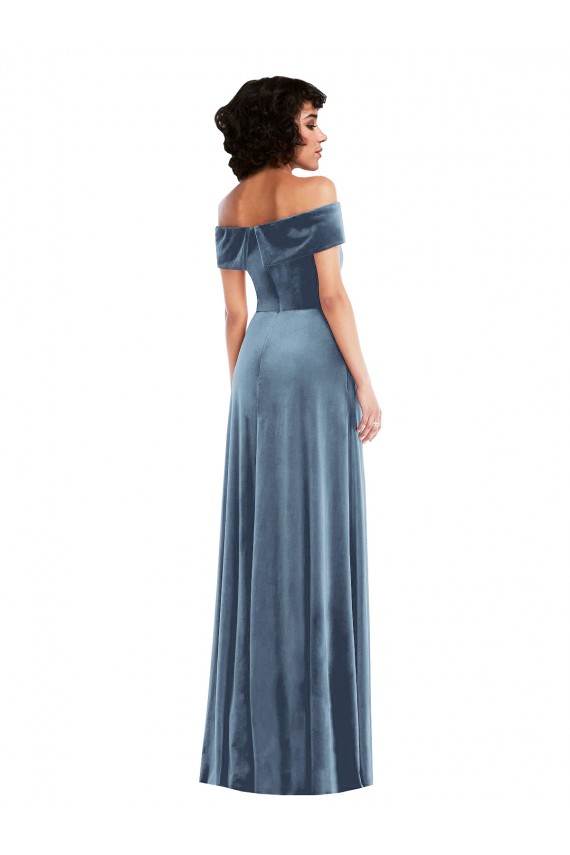 Sleeveless Off the Shoulder Stretch Velvet Dusty Blue Long Semi Formal Evening Dress Canada for Sale