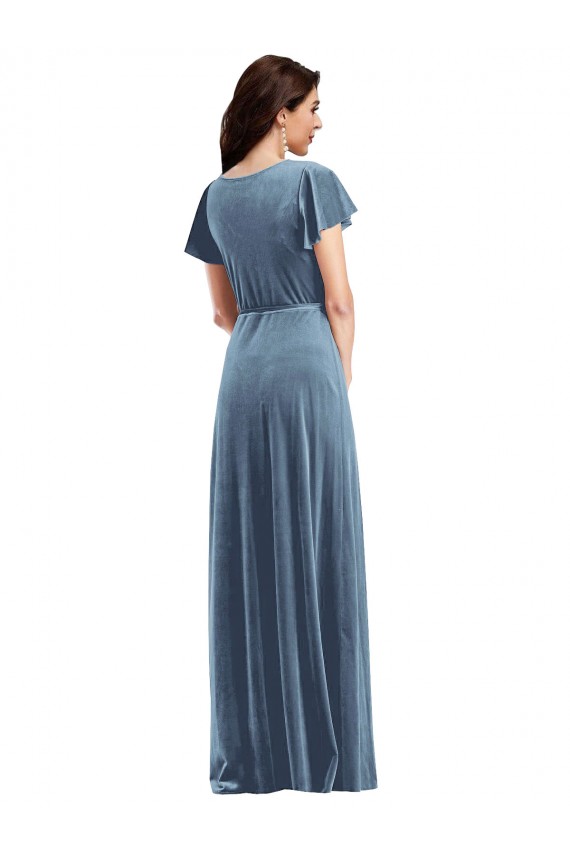 Flutter Sleeves V-Neck Stretch Velvet Dusty Blue Long Black Tie Evening Dress Canada for Sale