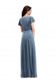 Flutter Sleeves V-Neck Stretch Velvet Dusty Blue Long Black Tie Evening Dress Canada for Sale