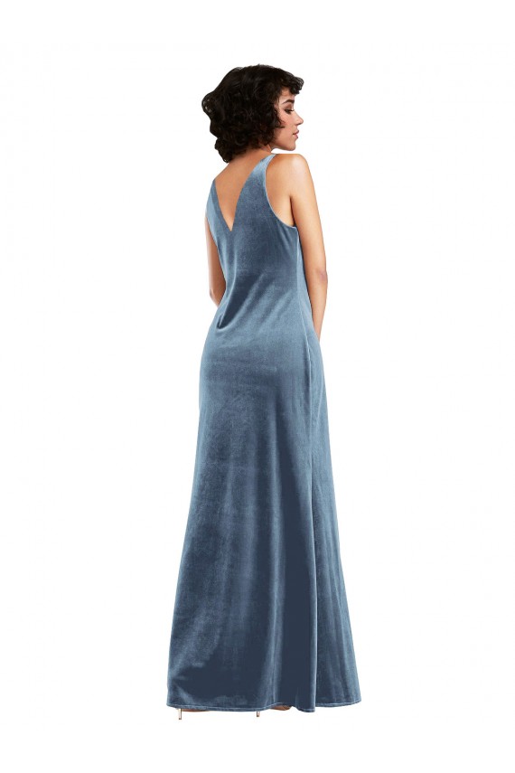 Sleeveless Cowl Neck Stretch Velvet Dusty Blue Long Evening Dress Canada for Sale