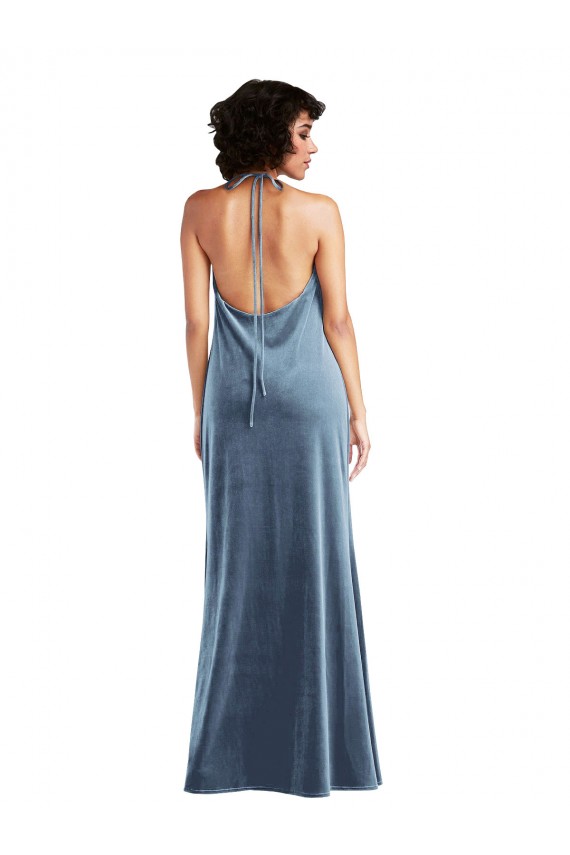 Sleeveless Cowl Neck Stretch Velvet Dusty Blue Long Evening Gown Canada for Sale