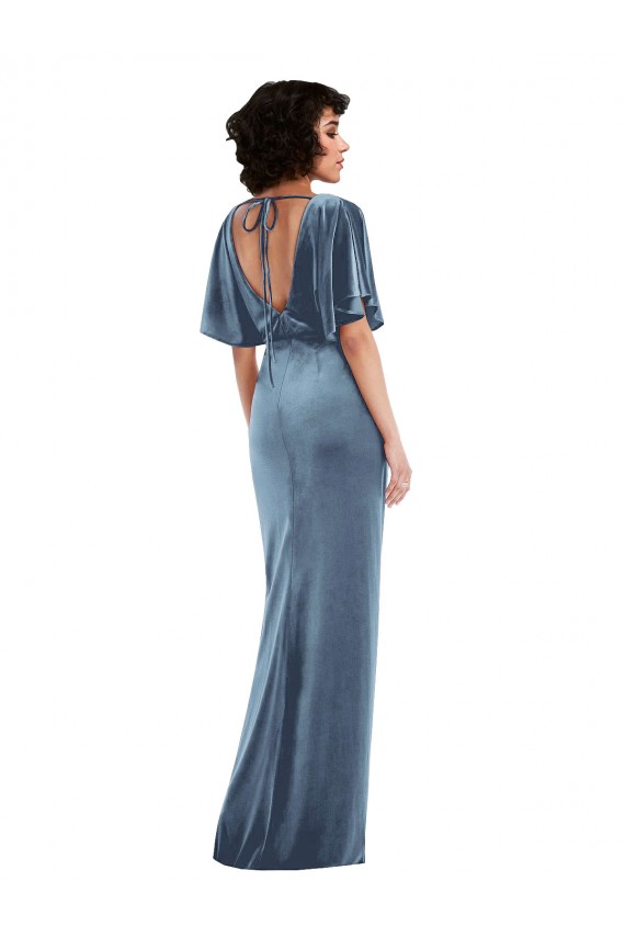 Flutter Sleeves Stretch Velvet Dusty Blue Long Semi Formal Evening Dress Canada for Sale